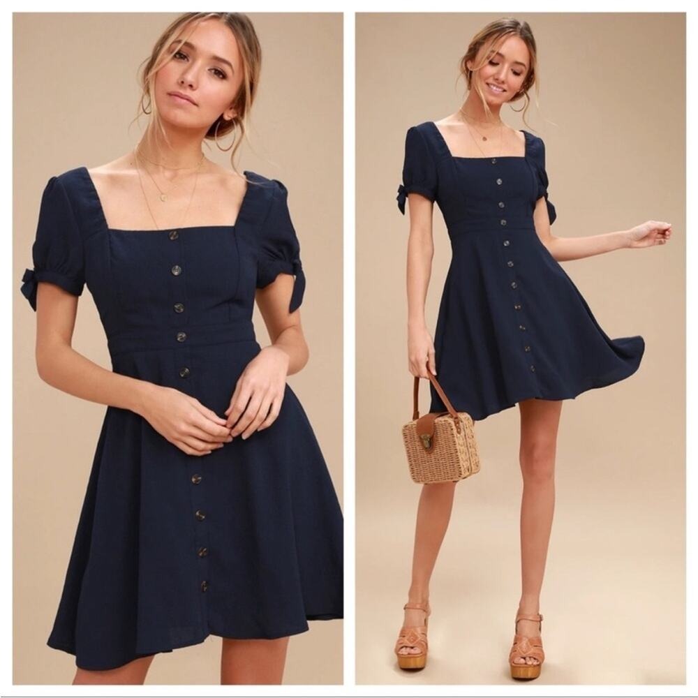 Lulus Chances Are Navy Blue Short Sleeve Button-Front‎ Skater Dress Sz XL